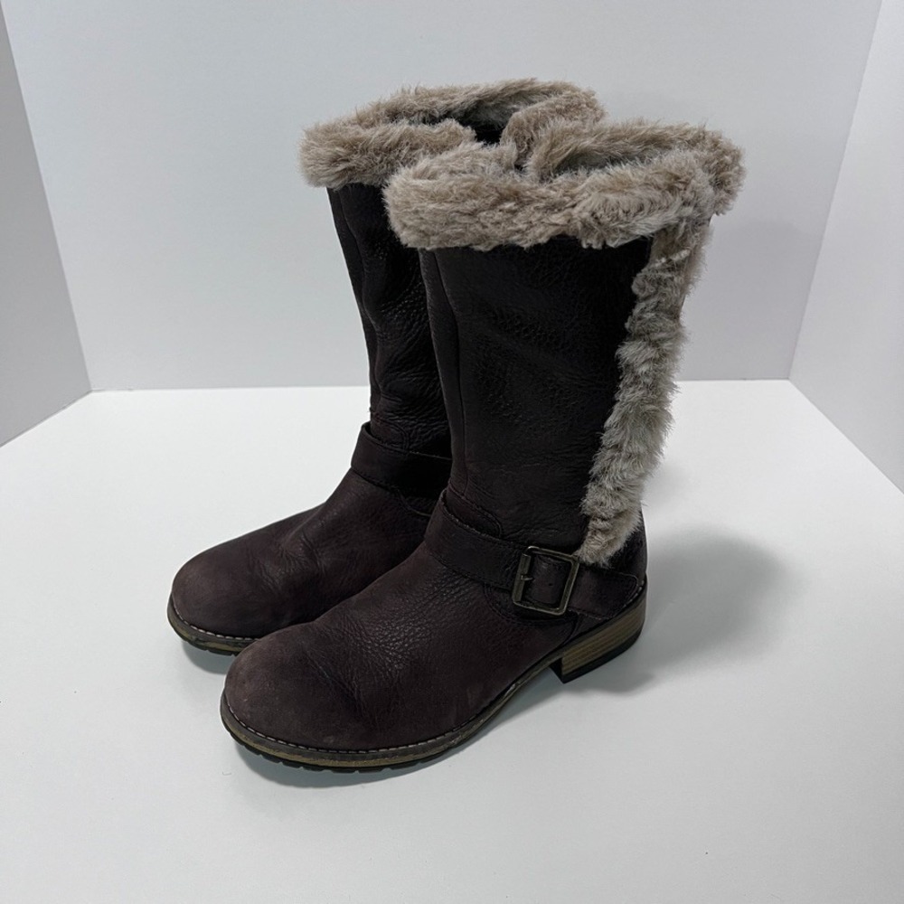 Clarks US 2M EU 33.5 Brown Leather Boots Zipper Faux Fur Buckle - Picture 2 of 10